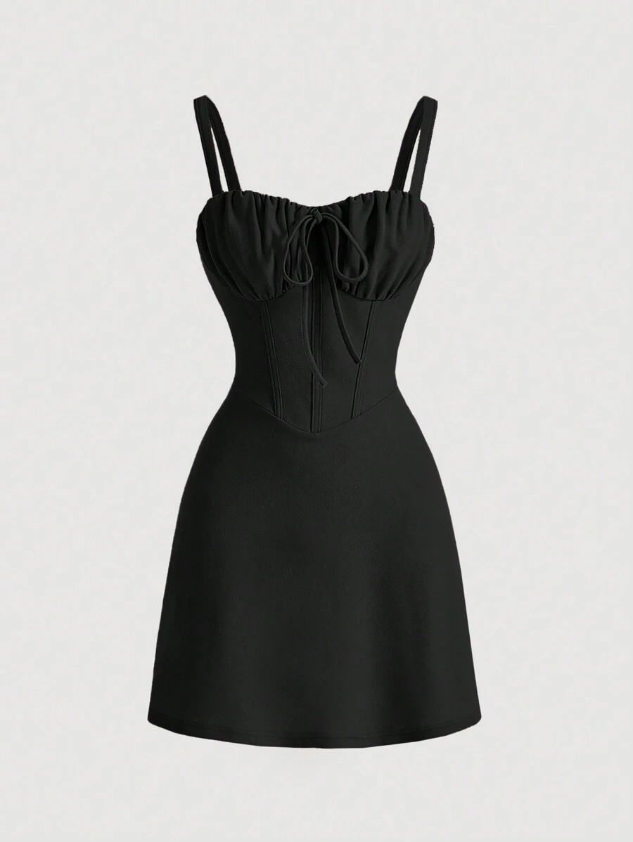 SHEIN MOD 纯色系腰带褶皱腰无袖连衣裙 - 黑色 - 查看 1