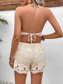 SHEIN VCAY Resort V-Neck Halter Knitted Top And Shorts - Apricot - View 2