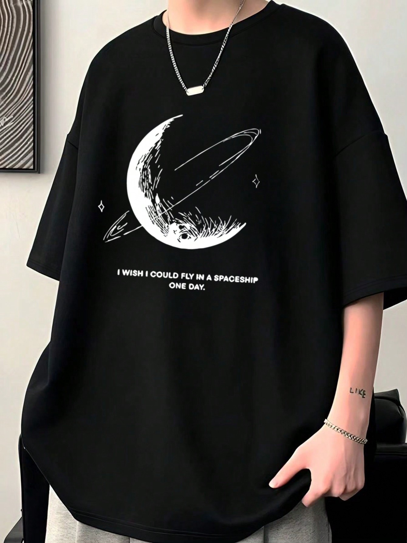 Men's Printed Short Sleeve T-Shirt With Planets And Letters