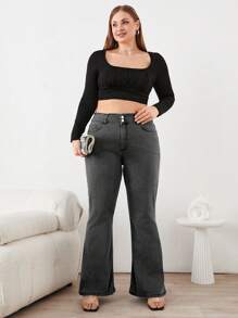 SHEIN Cottnline 大碼女士口袋喇叭牛仔褲 - 淺灰色 - 查看 4