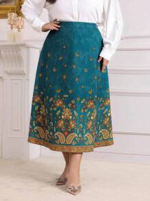 Modelyn Plus Paisley Print Skirt - Green - View 6