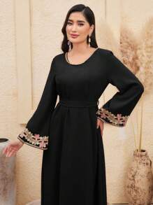 Al Najma Women's Embroidered Flare Sleeve A-Line Dress, Modest - Black - View 4