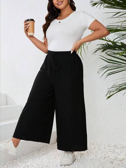 SHEIN Frenchy Plus Size Solid Color Casual Wide Leg Capri Pants