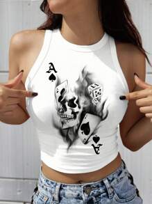 SHEIN EZwear Top ajustado de mujer de estilo casual con estampado de espiga negra y cuello redondo, contiene algodón, adecuado para el verano