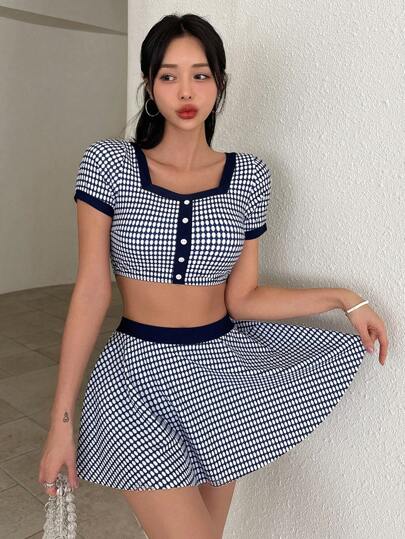 DAZY 女士甜心领口短袖几何印花无线比基尼套装，适合夏季海滩度假