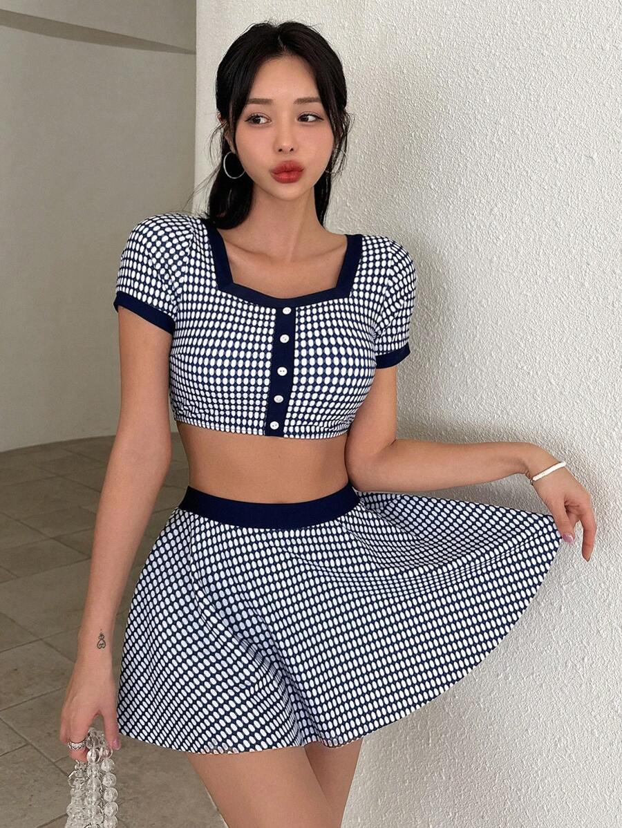 DAZY 女士甜心领口短袖几何印花无线比基尼套装，适合夏季海滩度假 - 藍色 - 查看 1