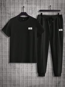 Manfinity VCAY Men's Knitted Leisure Printed T-Shirt And Pants Set - Black - View 1