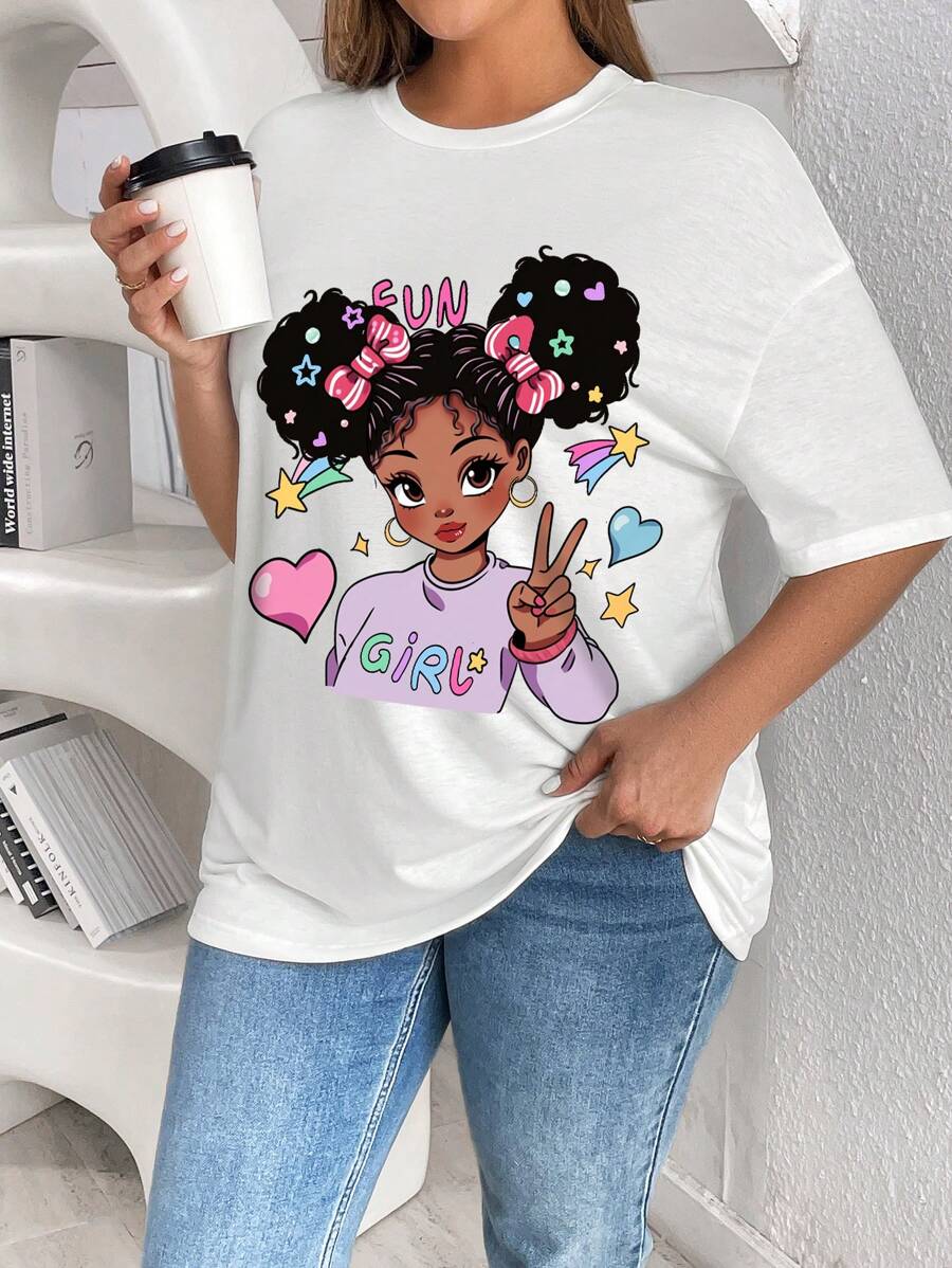 SHEIN LUNE Camiseta de manga curta solta e casual com estampa de coração para mulheres plus size, ideal para o verão - Branco - Visão 1