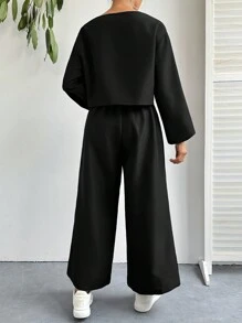 SHEIN Essnce Solid Color Lantern Sleeve Top And Wide Leg Pants Casual 2pcs/Set - Black - View 2