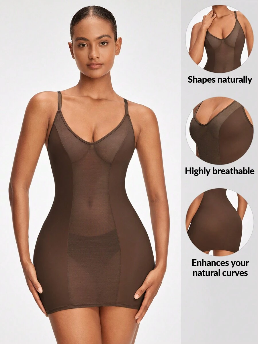 SHAPORA 女士綴合透視網紗背心包身連衣裙 - 棕色 - 查看 1