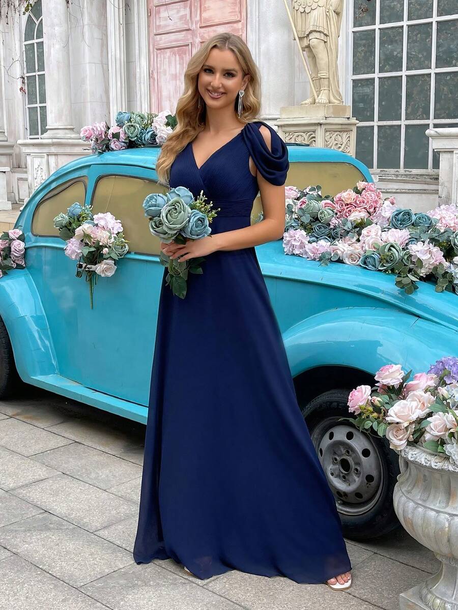 QOQ Elegant Flowing Navy Blue V-Neck Chiffon Bridesmaid Gowns Dresses - Navy Blue - View 1