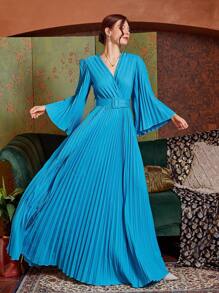 假日天蓝色长袖 V 领褶皱大下摆带腰带夏季女士连衣裙，度假装女士 - 藍色 - 查看 3