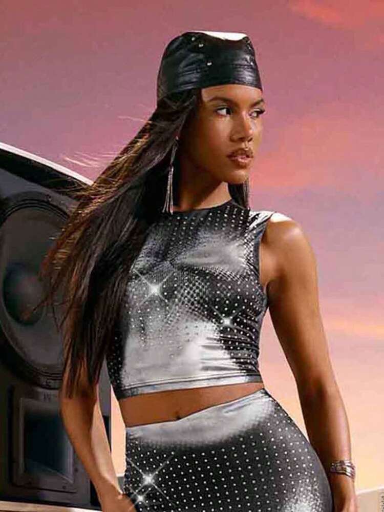 Black And White Women Body Print Tank Top With Exquisite Rhinestone Decoration For Music Festival, Concert, Stage Performance, Street Style And Personalized