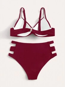 SHEIN Swim 純色鏤空腰部鋼圈比基尼套裝，比基尼套裝海灘泳裝泳衣，夏季海灘 - 酒紅色 - 查看 4