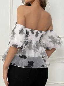 SHEIN Privé Blusa de manga abullonada con hombros descubiertos y estampado floral - Rosa - Ver 2