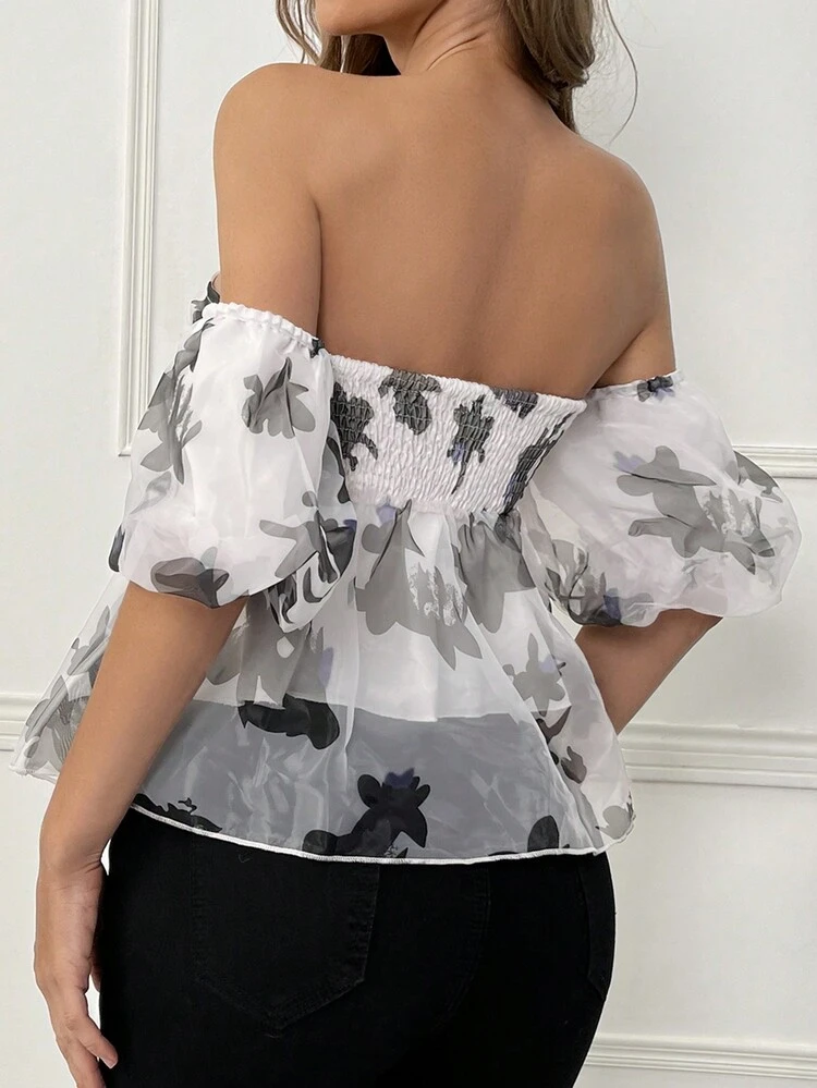 Puff Sleeve Off Shoulder Floral Print Top