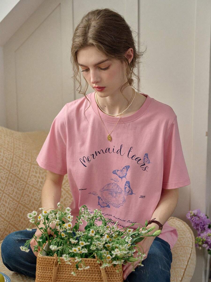 Simple Retro 1pc Women Butterfly & Letter Print Casual T-Shirt - Pink - View 1