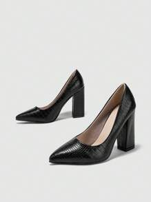 女士粗跟尖头春秋季套脚鞋，石纹黑色，低帮，优雅 - 黑色 - 查看 4