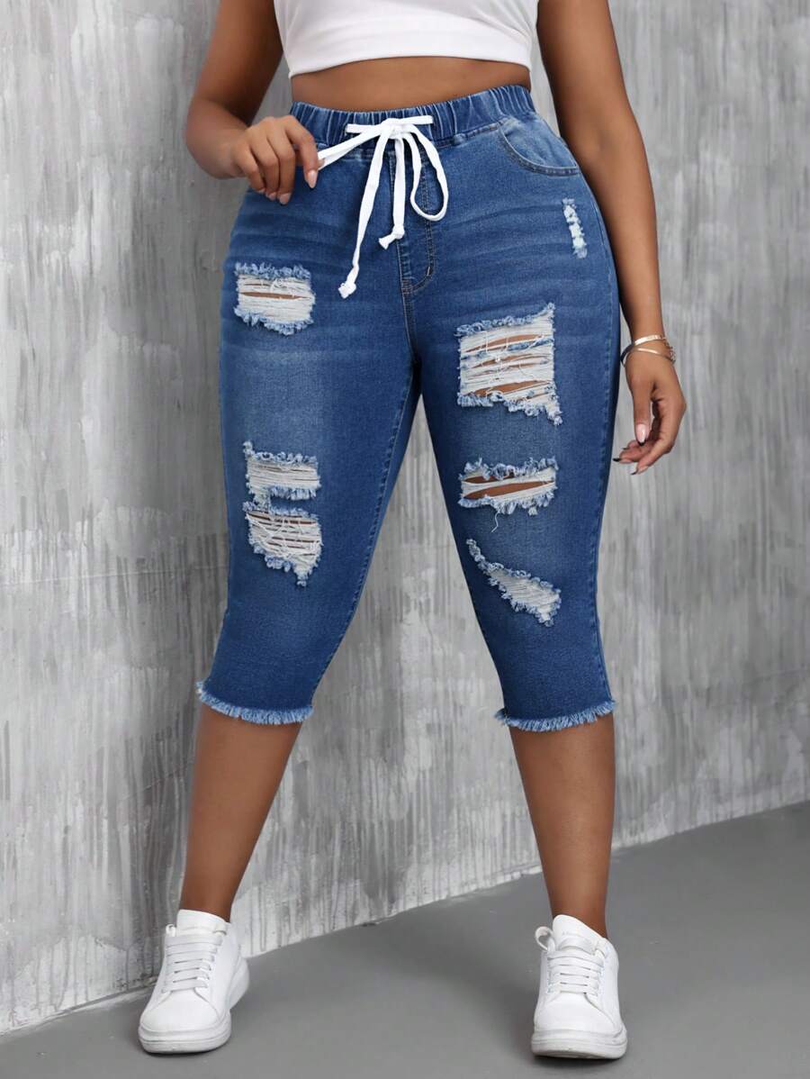 SHEIN SXY Distressed Denim Skinny Hose Mit Hoher Elastizität Und Elastischem Bund Für Damen In Übergröße - Mittele Waschung - Übersicht 1