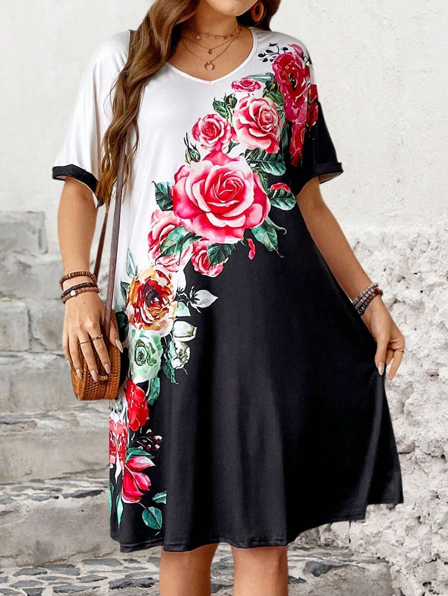 SHEIN LUNE 大尺碼女士優雅典雅的短袖花卉印花連衣裙 - 彩色 - 查看 1