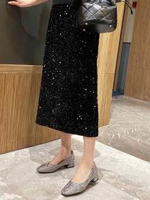 女士粗跟鞋,漸變水紋面料和圓頭設計,簡約風格適用於工作女性 - 黑色 - 查看 8