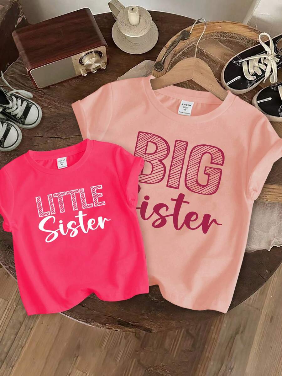 SHEIN Tween Girl Áo thun ngắn tay in chữ đơn giản giản dị, mùa hè - Hồng - Xem 1