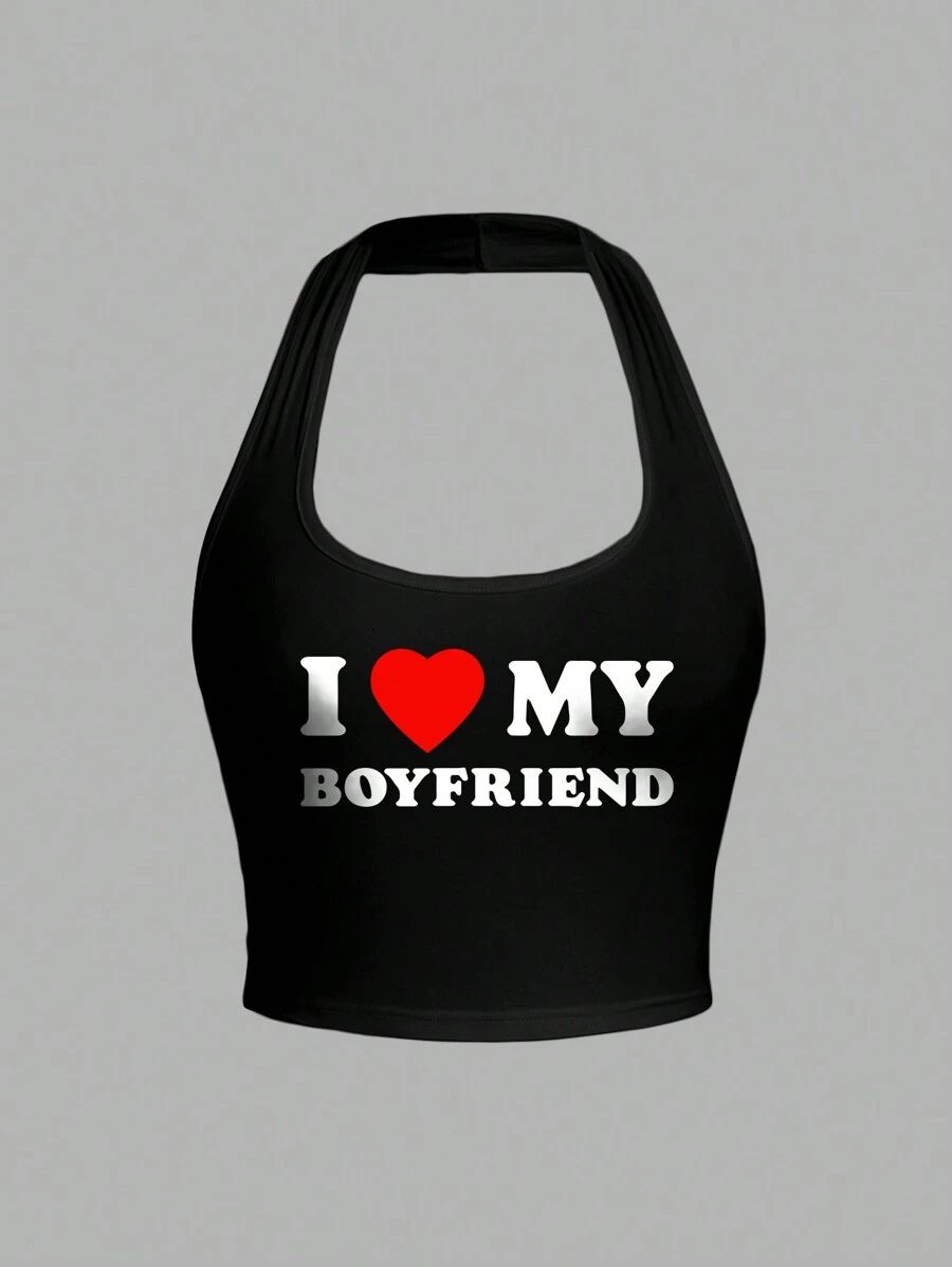 SHEIN EZwear Casual Heart "I Love My Boyfriend" Print Racerback Tank Top For Women, Summer Back To School