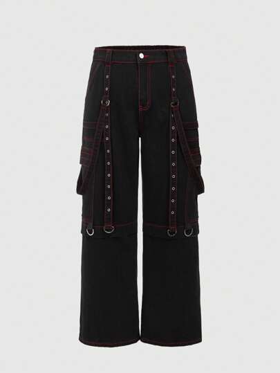 Grunge Punk Plus Size Music Festival Attire Contrast Stitching Metallic Eyelet Detail Loose Straight-Leg Boyfriend Jeans, School