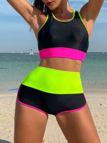 SHEIN Swim Women's Color Block Neon Beach Outfit Tankini Set Swunsuit Bathing Suit Summer - Multicolor - View 1
