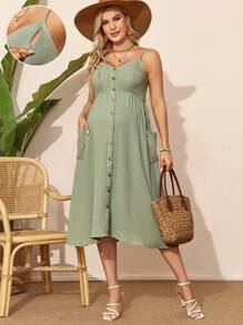 SHEIN Maternity & Nursing Front Button Texture Double Pocket Cami Dress - Mint Green - View 1