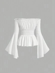 SHEIN MOD 女士拼色露肩交叉系带喇叭袖衬衫 - 棕色 - 查看 2