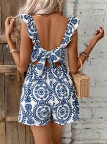 SHEIN Frenchy 女士度假热带花卉印花扭褶后背荷叶边连体衣 - 藍色 - 查看 1