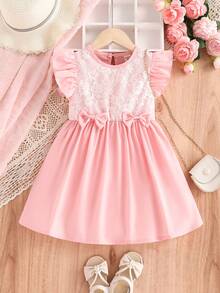 SHEIN Váy màu hồng viền ren không tay cho bé gái, Xuân/Hè - Hồng - Xem 4