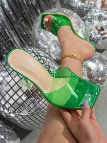 女式粗跟平底拖鞋,露趾清晰鞋跟和後託帶,綠色夏季透氣高跟鞋 - 綠色 - 查看 1