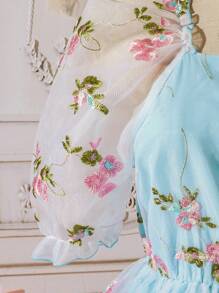 Teen Girl Floral Embroidery Pleated Dress For Summer - Baby Blue - View 3