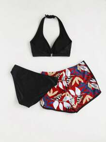 SHEIN Teen Girl Halter Neck Backless Bikini Set 3pcs Set, Random Print Summer Beach - Multicolor - View 2