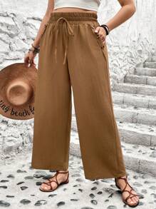 SHEIN Franclia 褲長寬鬆大尺碼長褲,帶斜口袋和紐扣裝飾 - 咖啡棕 - 查看 2