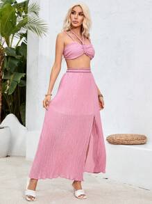 GENKIRA Women's Short Tiered Ruffle Halter Neck Cami Top And Side Slit Midi Skirt Two Piece Set - Pink - View 6