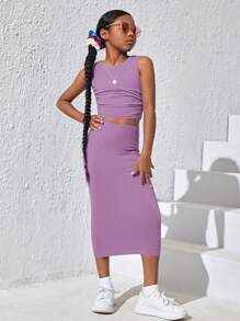 SHEIN 少女編織打褶無袖上衣和長裙休閒2件套裝 - 淺灰紫 - 查看 3