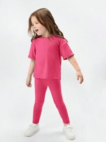 SHEIN Bộ quần dài và áo ngắn tay đơn giản thoải mái cho cô gái trẻ - Màu Hồng Tươi - Xem 5