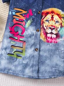 SHEIN Young Girl Lion & Letter Print Short Sleeve Shirt