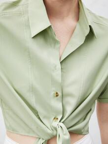BizChic Camisa Abotonada De Color Liso Con Dobladillo Delantero Anudado - Verde - Ver 7