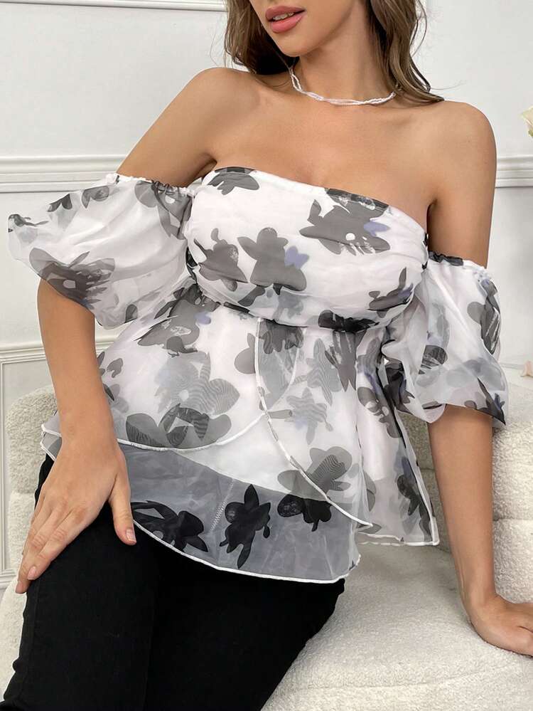 Puff Sleeve Off Shoulder Floral Print Top