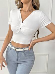 SHEIN Privé 女士短袖v領扭結前綁帶五顏六色修身t卹3件套 - 彩色 - 查看 4