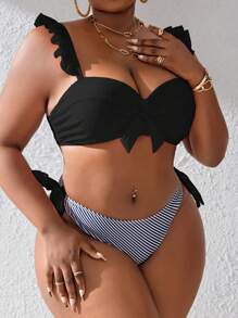 SHEIN Swim Curve Summer Beach Plus Size Solid Color Bra & Striped Bikini Set Bottom Bikini Set - Black and White - View 5