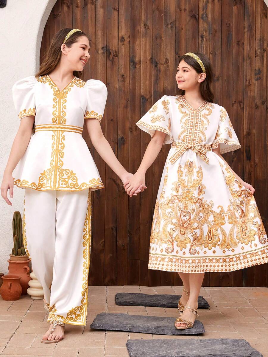 SHEIN Teen Girl's Woven Placement Print Pattern Leg-Of-Mutton Sleeve V-Neck Blouse - White - View 1