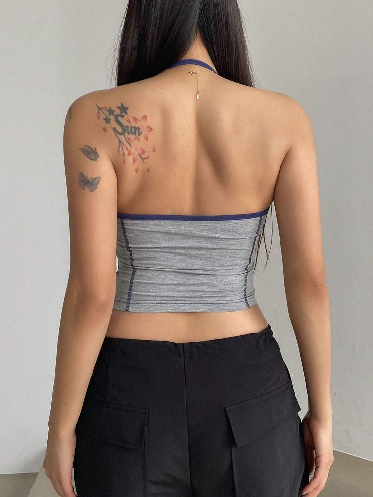 Women's Letter Printed Colorblock Tank Top With Contrast Stitching Crop Women Tops