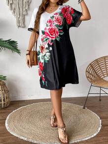 SHEIN LUNE 大尺碼女士優雅典雅的短袖花卉印花連衣裙 - 彩色 - 查看 4