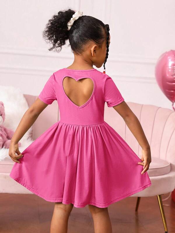 SHEIN Young Girl Daily Casual Knitted Solid Color Short Sleeve Round Neck Hollow Back Dress