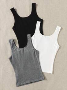 SHEIN EZwear 夏季服裝3入組實色背心上衣，外出裝 - 深灰色 - 查看 2